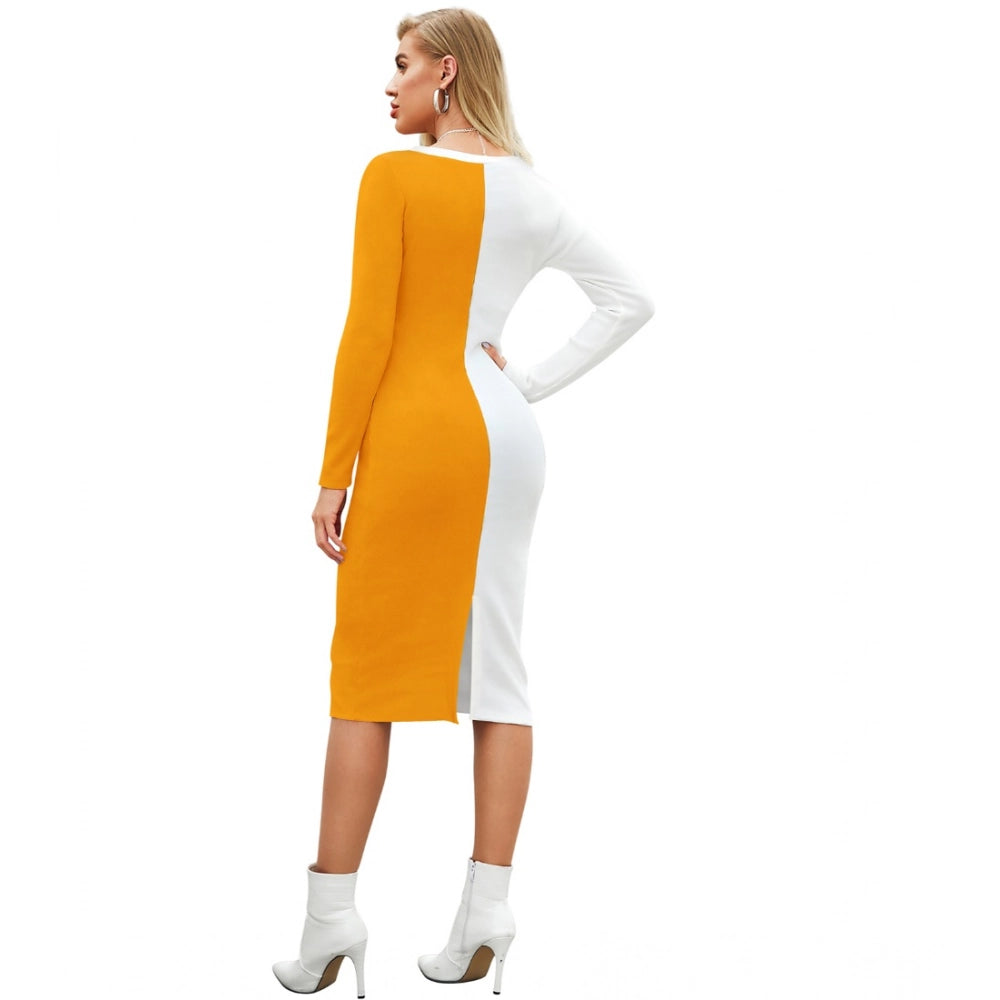 PKRKART Women's Knitting stretchable Solid Round Neck Full Sleeve Dress (Yellow)