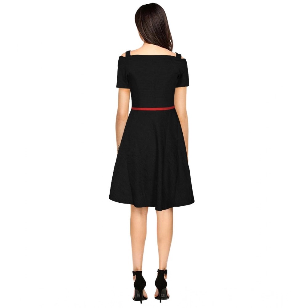 PKRKART Women's Polyester Solid V Neck Cap Sleeve Dress (Black)