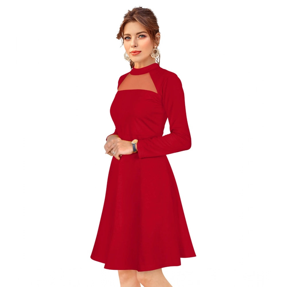 PKRKART Women's Knitting stretchable Solid Round Neck Full Sleeve Dress (Red)