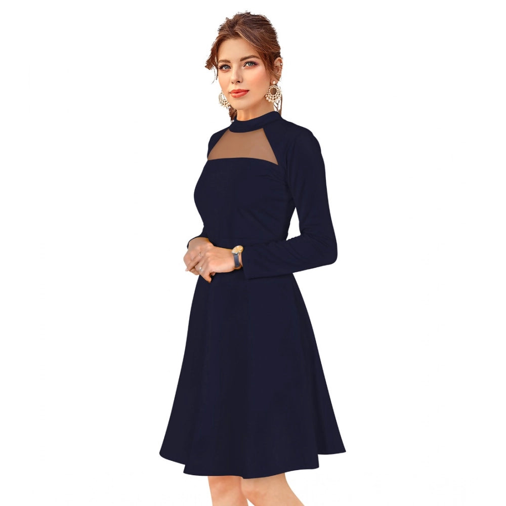 PKRKART Women's Knitting stretchable Solid Round Neck Full Sleeve Dress (Blue)