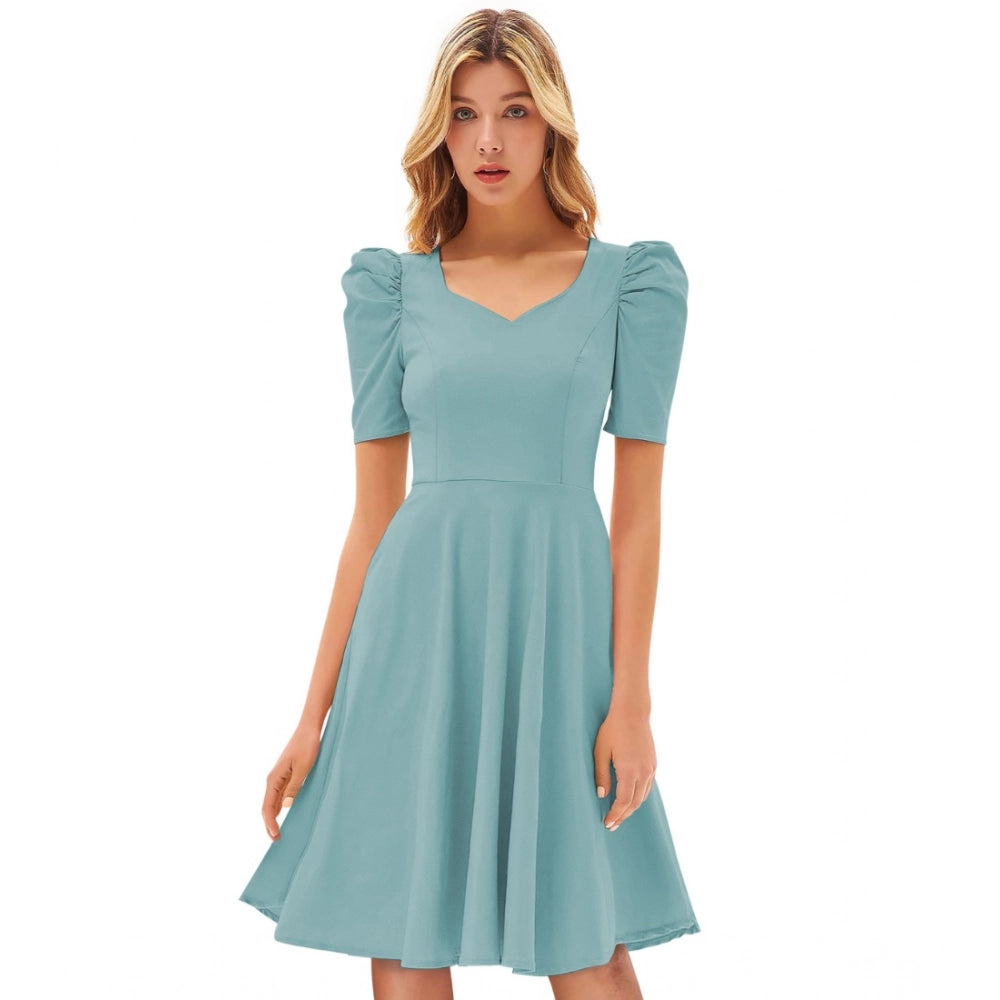 PKRKART Women's Knitting stretchable Solid V Neck Cap Sleeve Dress (Pista)