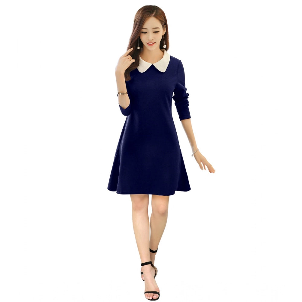 PKRKART Women's Polyester Solid Collar 3-4th Dress (Blue)