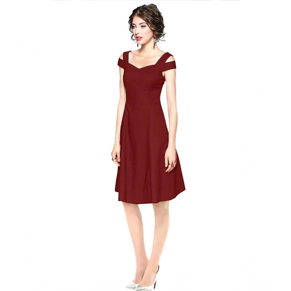 PKRKART Women's Polyester Solid V Neck Cap Sleeve off Shoulder Dress (Maroon)