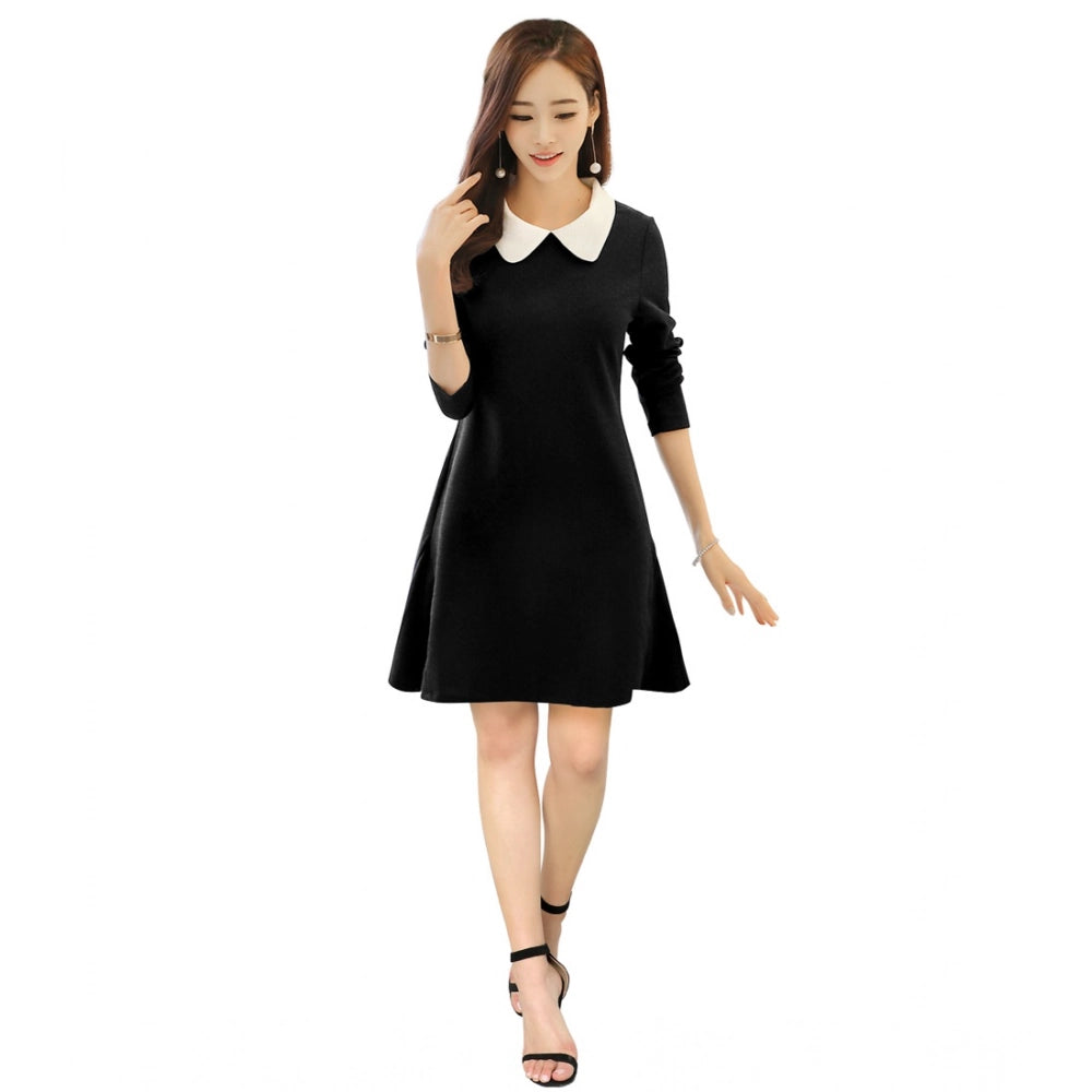 PKRKART Women's Polyester Solid Collar 3-4th Dress (Black)