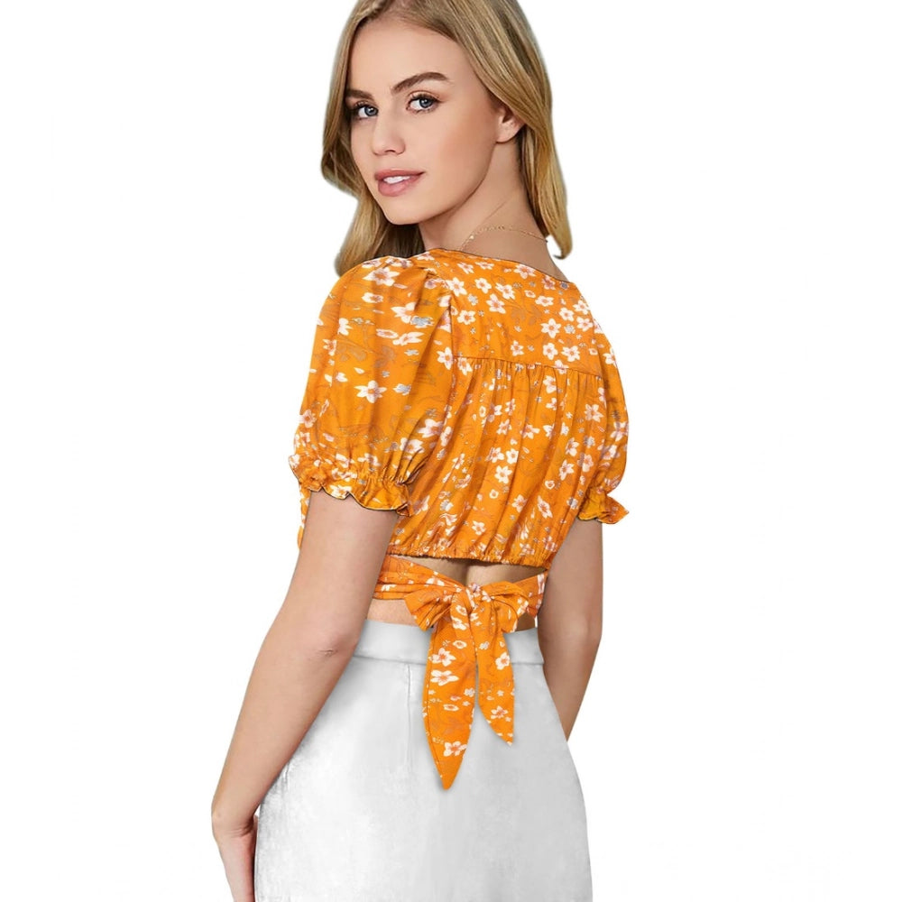 PKRKART Women's Knitting Printed V-Neck Puff Sleeve Tops (Yellow)