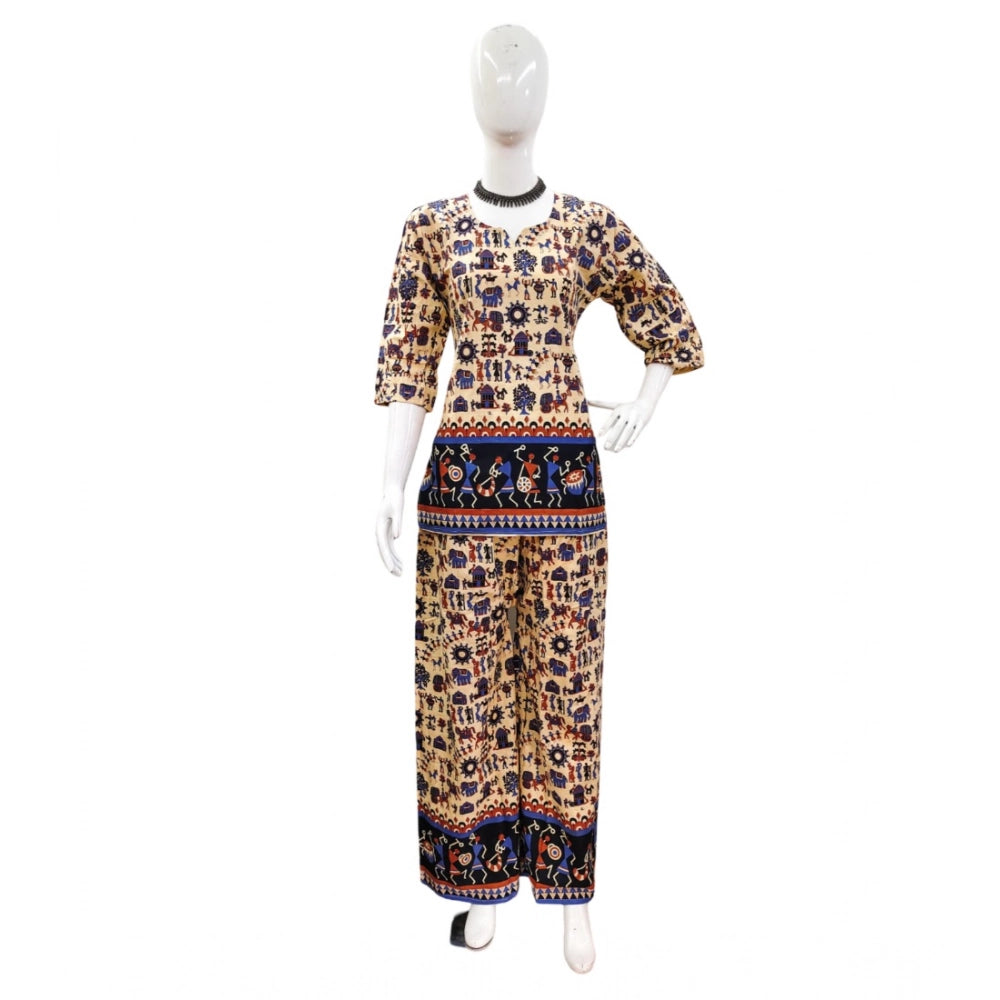PKRKART Women's Cotton Jaipuri Printed 3-4th Sleeve Co ord Set (Multicolor)