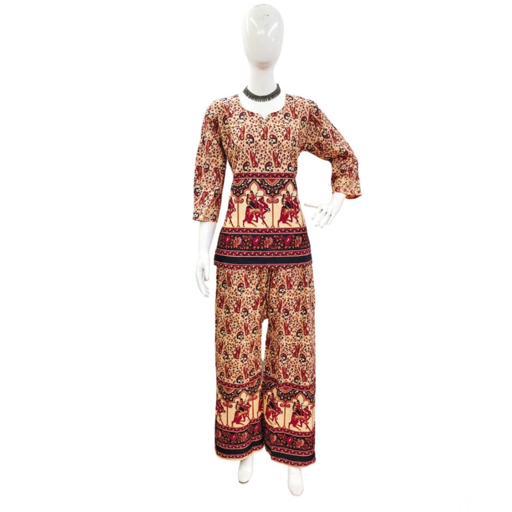 PKRKART Women's Cotton Jaipuri Printed 3-4th Sleeve Co ord Set (Multicolor)