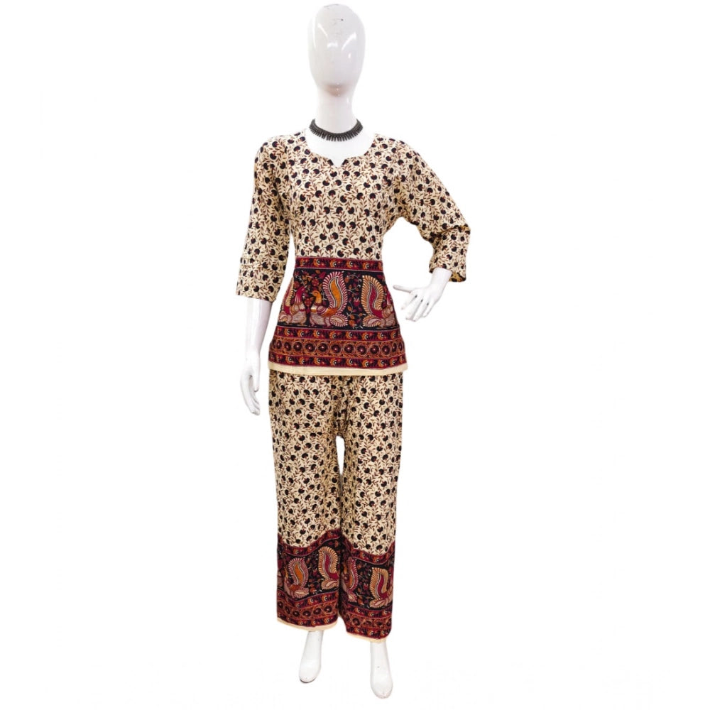 PKRKART Women's Cotton Jaipuri Printed 3-4th Sleeve Co ord Set (Multicolor)