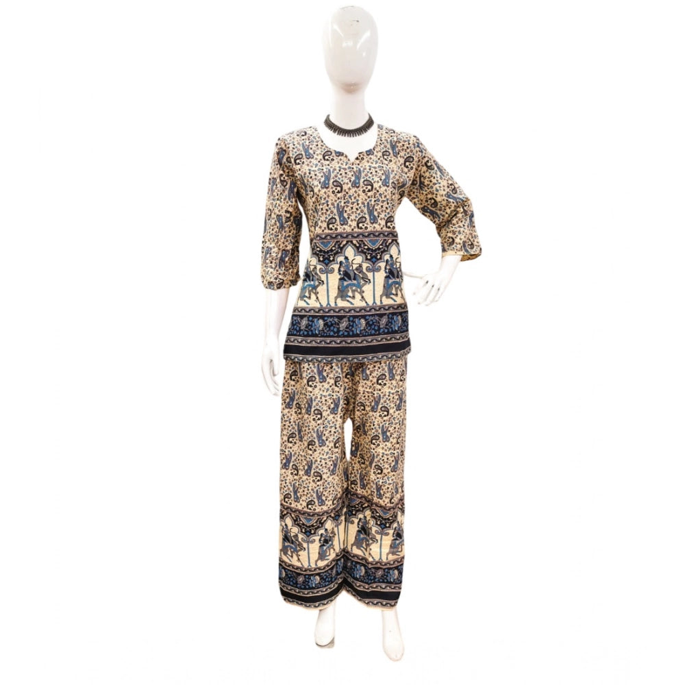 PKRKART Women's Cotton Jaipuri Printed 3-4th Sleeve Co ord Set (Multicolor)