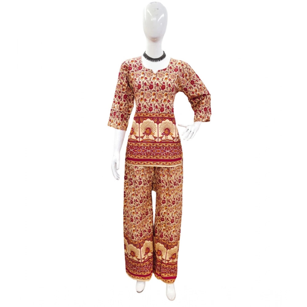 PKRKART Women's Cotton Jaipuri Printed 3-4th Sleeve Co ord Set (Multicolor)