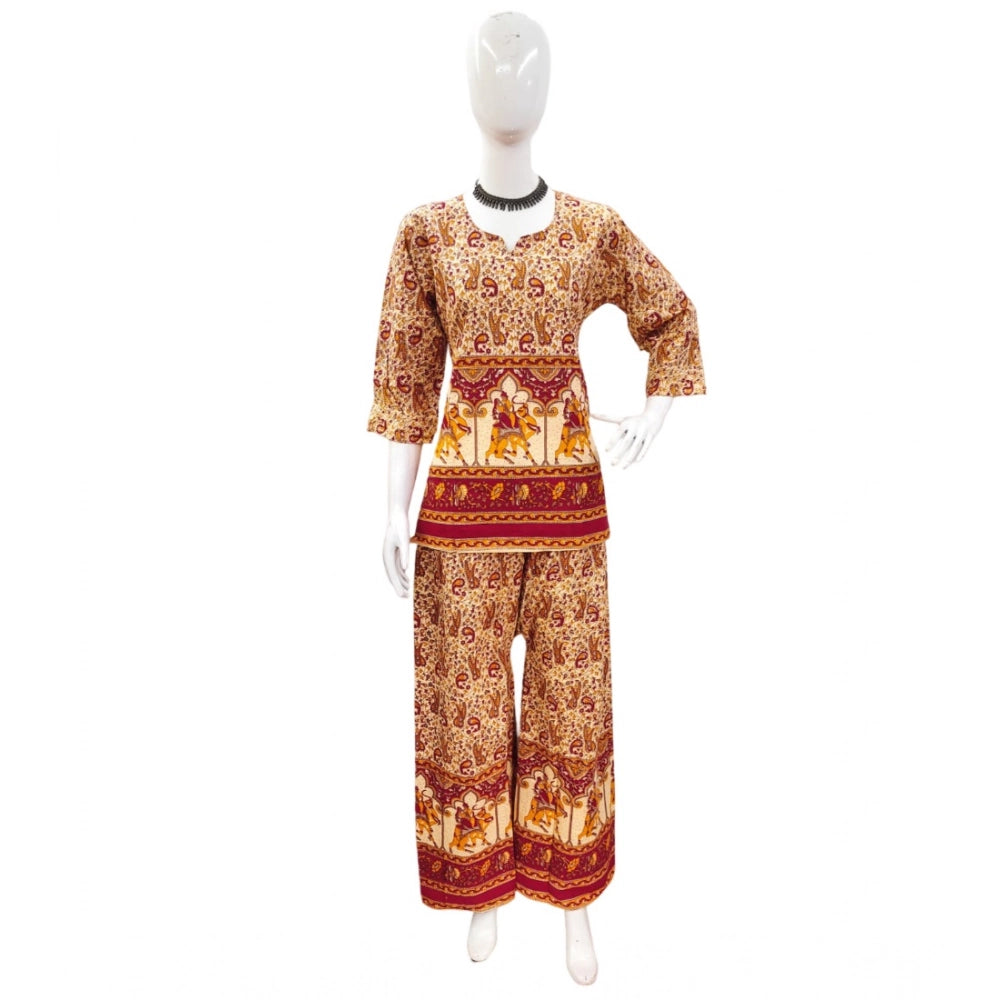 PKRKART Women's Cotton Jaipuri Printed 3-4th Sleeve Co ord Set (Multicolor)