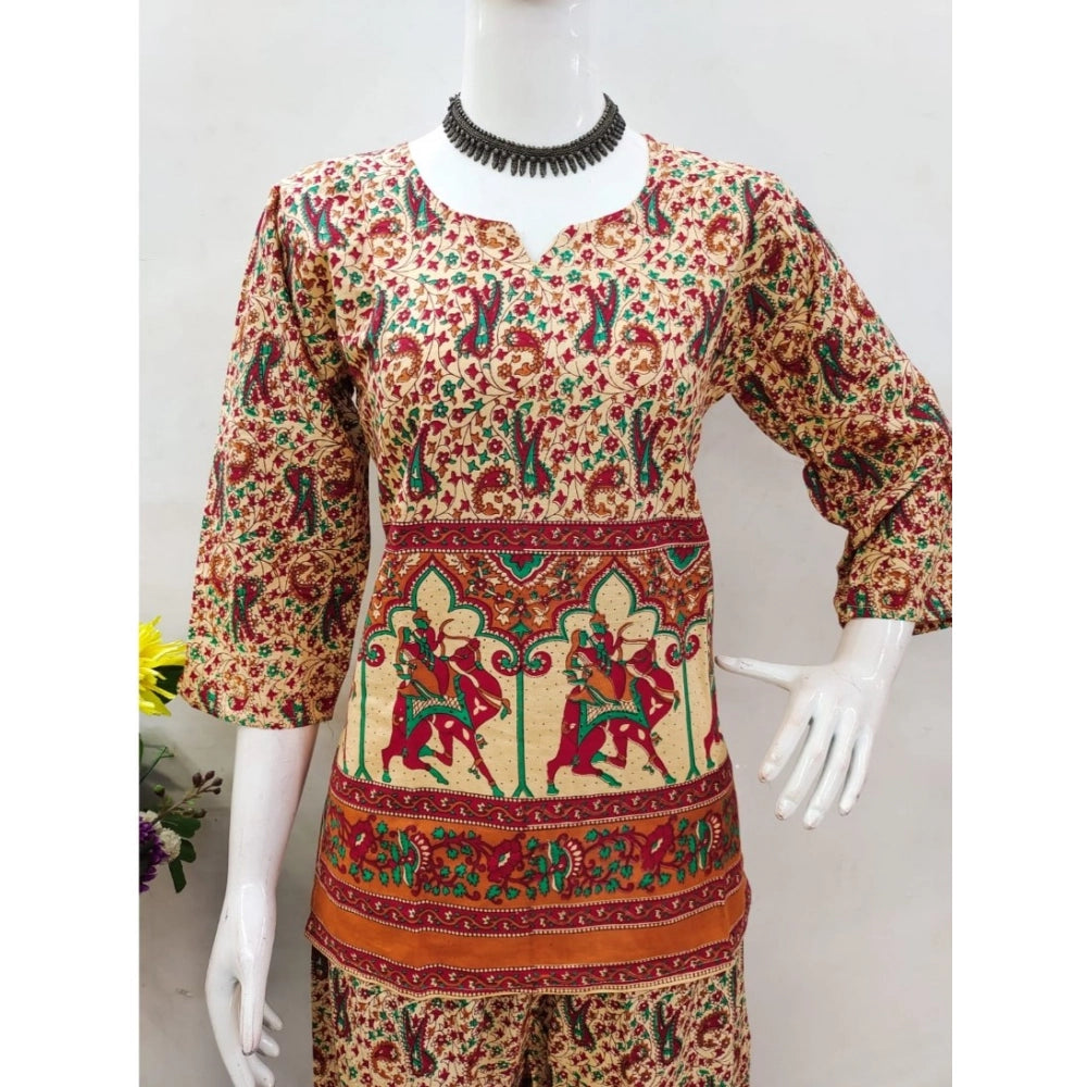 PKRKART Women's Cotton Jaipuri Printed 3-4th Sleeve Co ord Set (Multicolor)