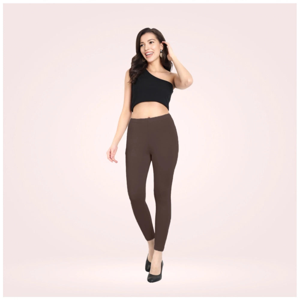 PKRKART Women's Cotton Blended Solid Ankle legging (Brown)