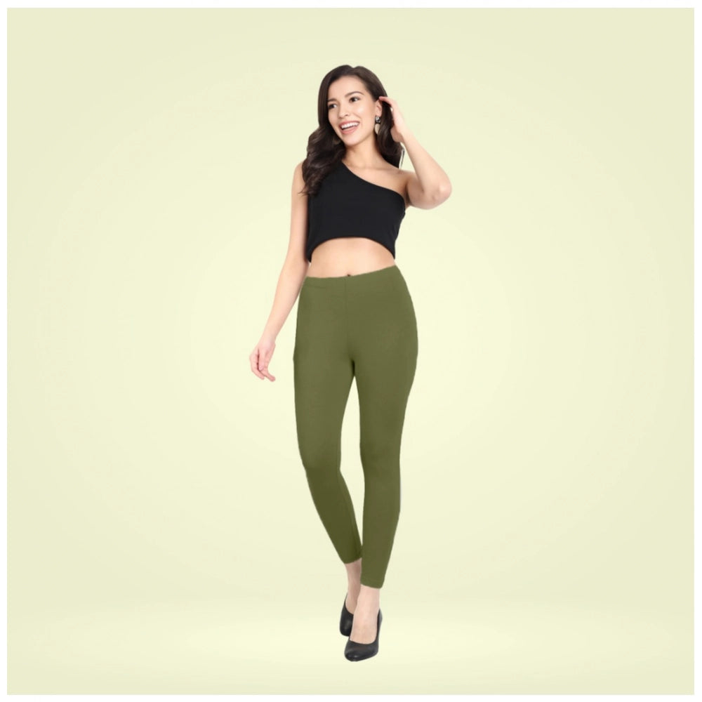 PKRKART Women's Cotton Blended Solid Ankle legging (Olive Green)