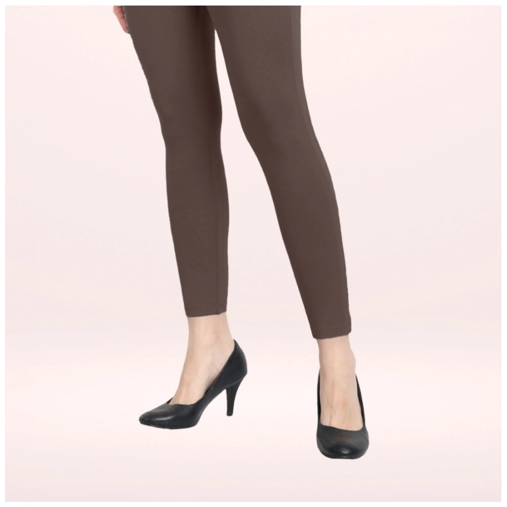 PKRKART Women's Cotton Blended Solid Ankle legging (Brown)