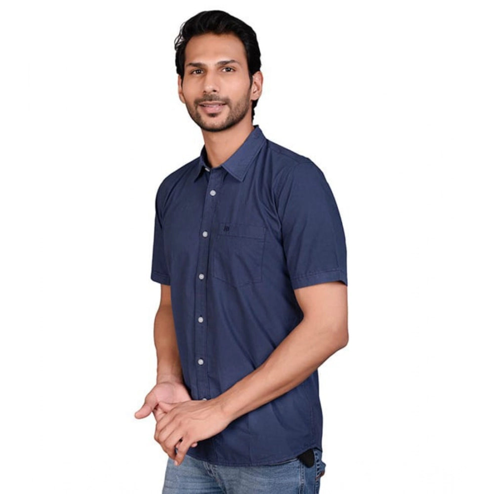 PKRKART Men's Casual Cotton Half Sleeve Solid Shirt (Navy)