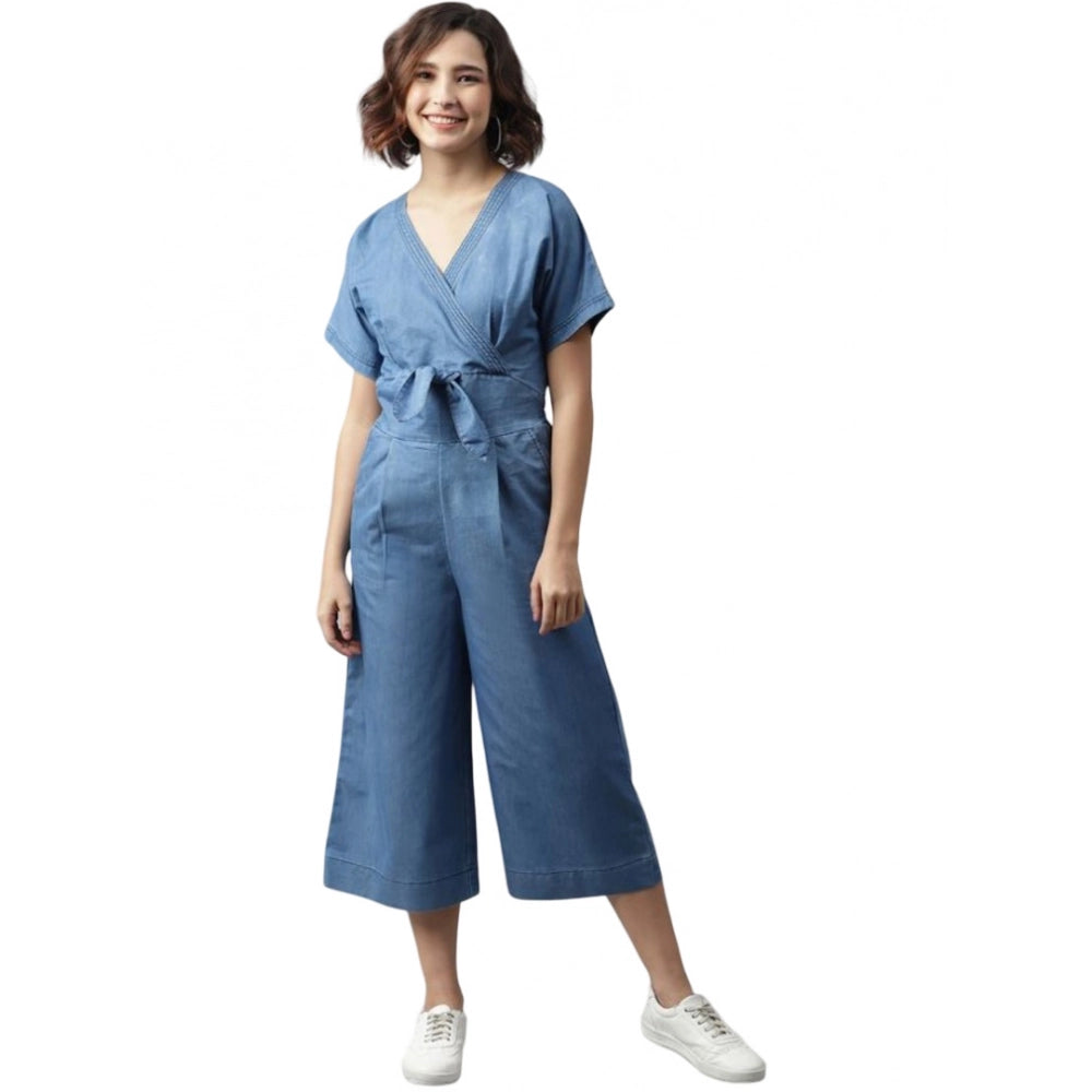 PKRKART Women's Denim Solid Half Sleeve Jumpsuit (Blue)