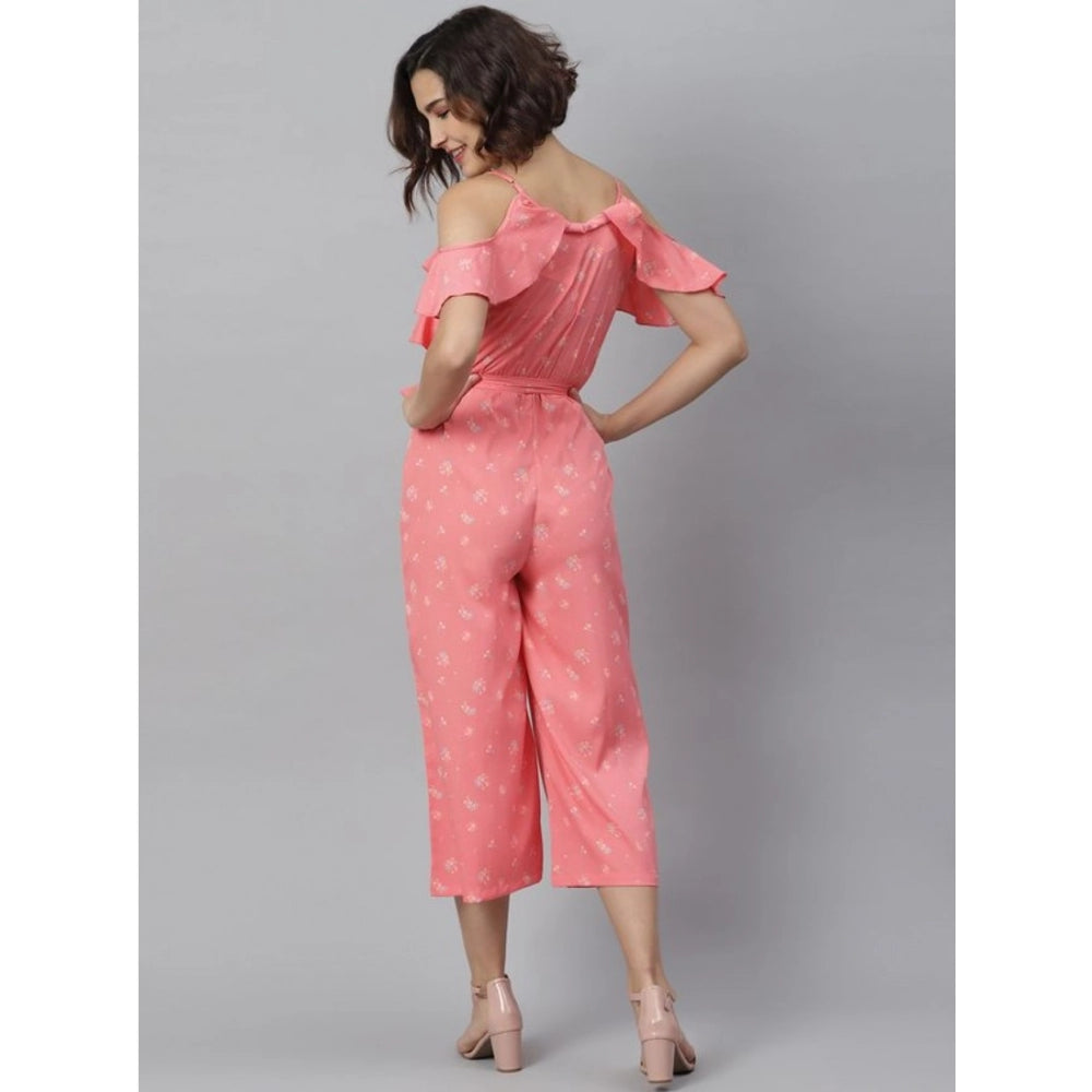 PKRKART Women's Polyester Floral Cold Shoulder Jumpsuit (Pink)