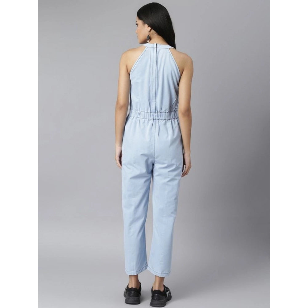 PKRKART Women's Denim Self Design Sleeveless Jumpsuit (Blue)