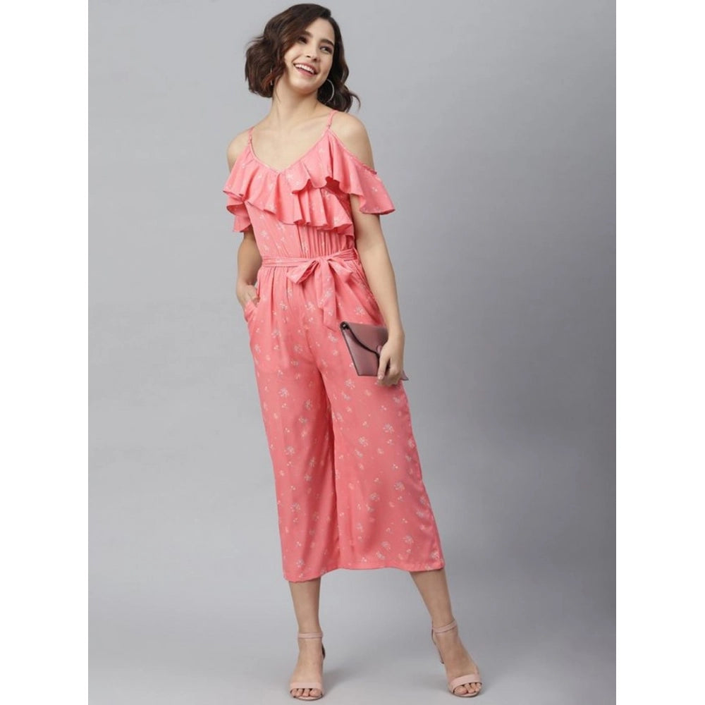PKRKART Women's Polyester Floral Cold Shoulder Jumpsuit (Pink)