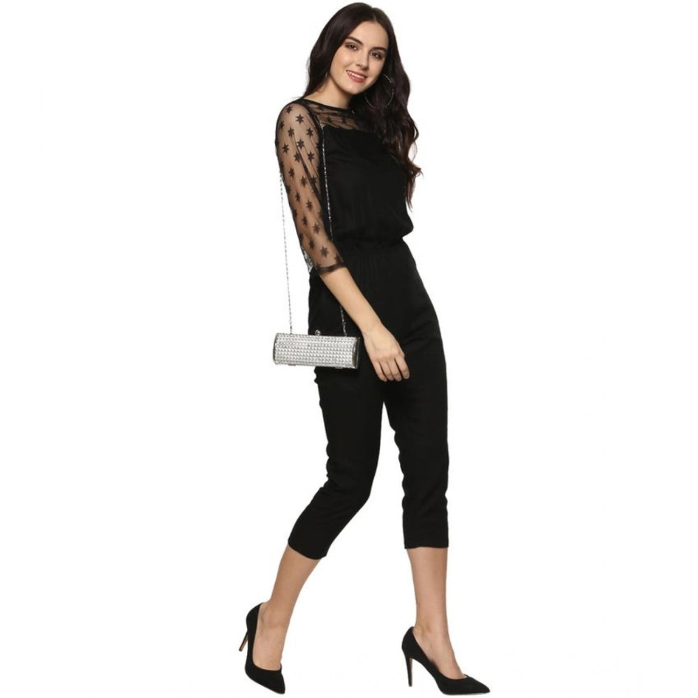 PKRKART Women's Polyester Self Design 3/4th Sleeve Jumpsuit (Black)