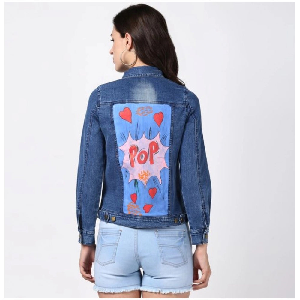 PKRKART Women's Denim Hand Painted Long Sleeve Jacket (Blue)