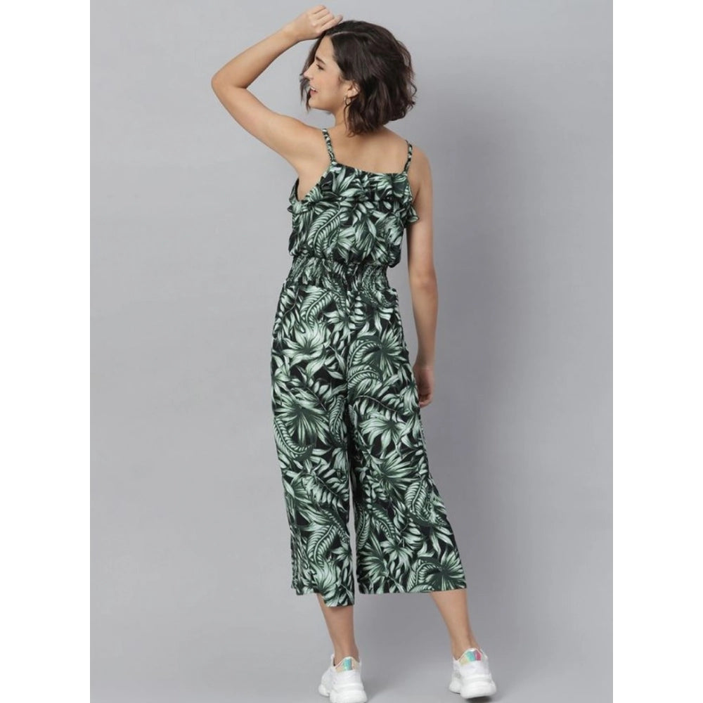 PKRKART Women's Polyester Printed Shoulder Straps Jumpsuit (Black - Green)