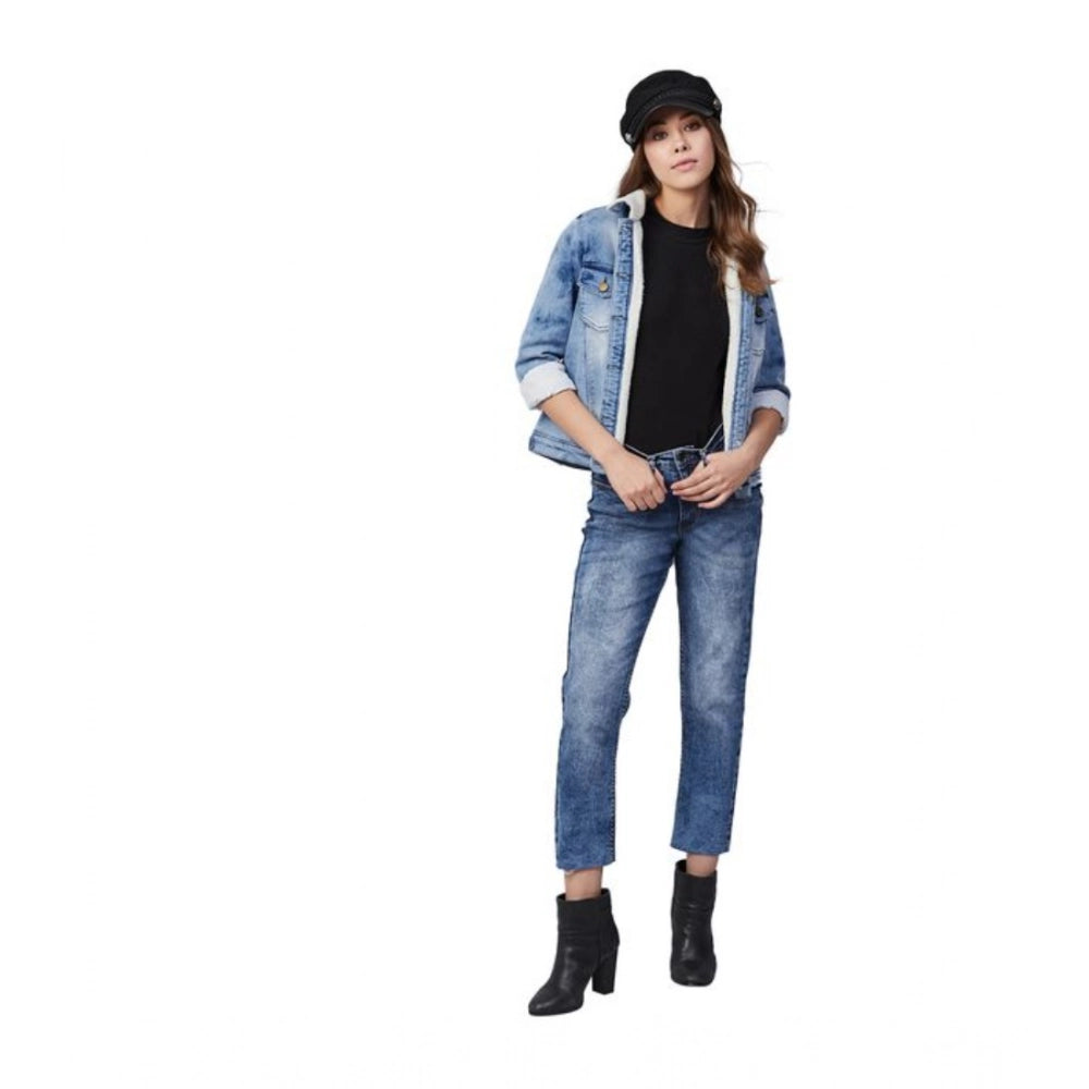 PKRKART Women's Denim Washed Long Sleeve Jacket (Blue)