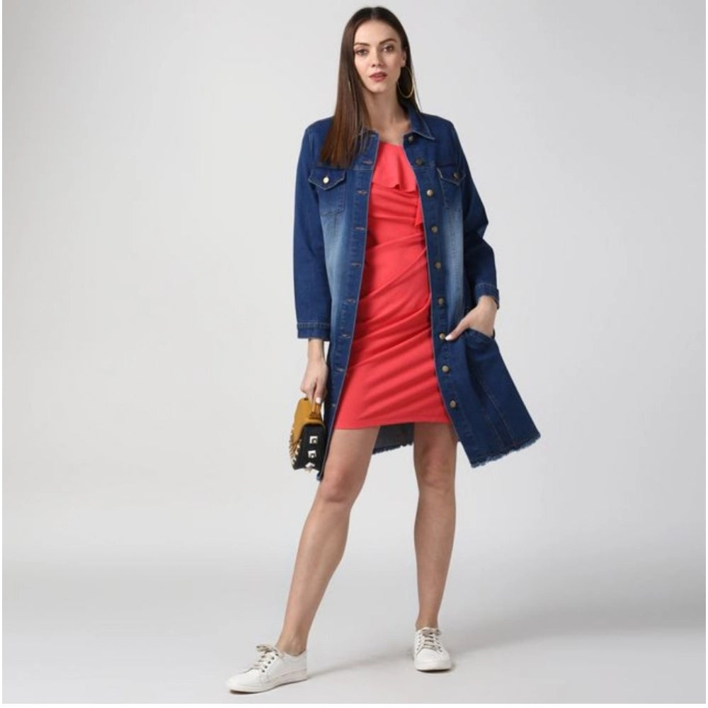 PKRKART Women's Denim Washed Long Sleeve Jacket (Navy Blue)