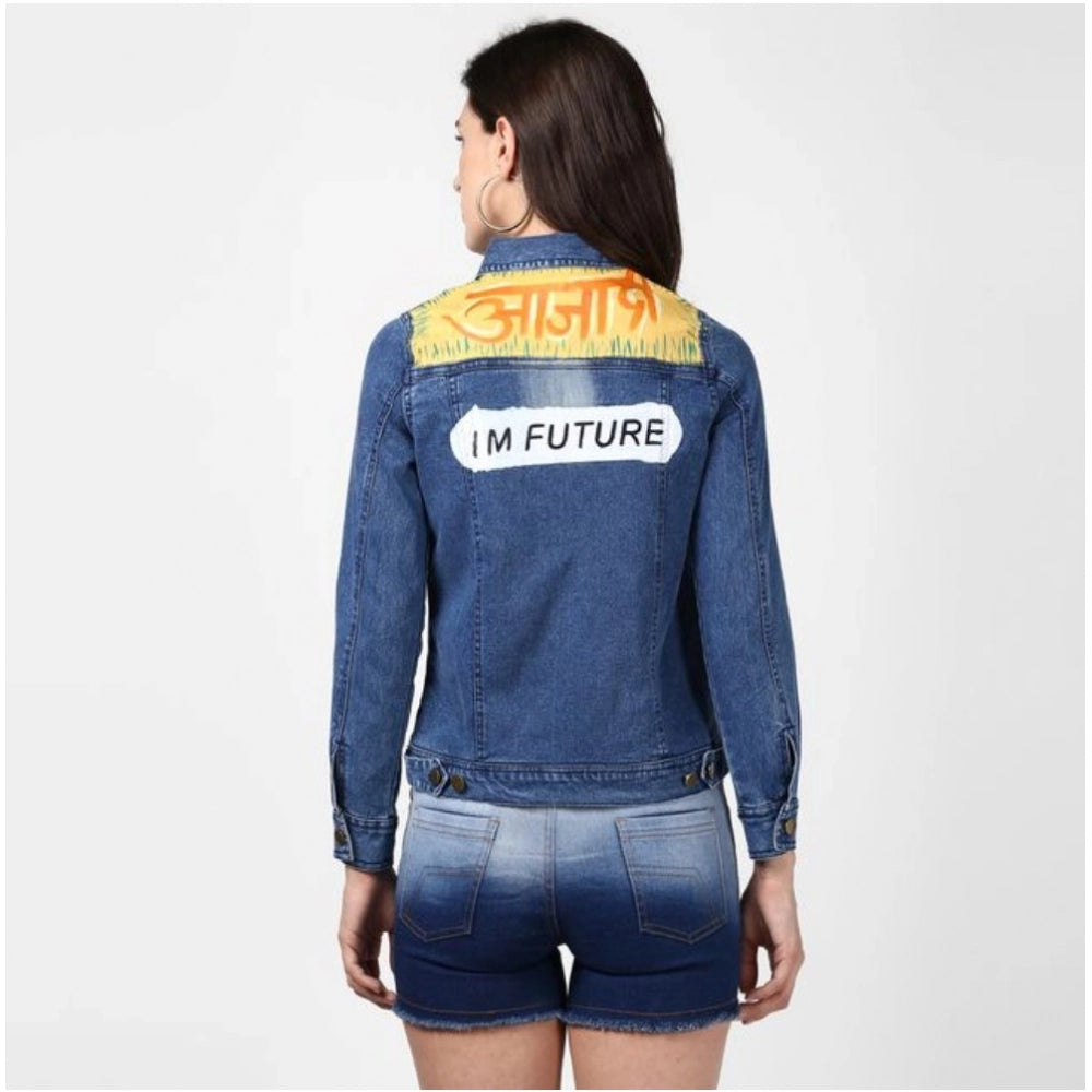 PKRKART Women's Denim Hand Painted Long Sleeve Jacket (Blue)