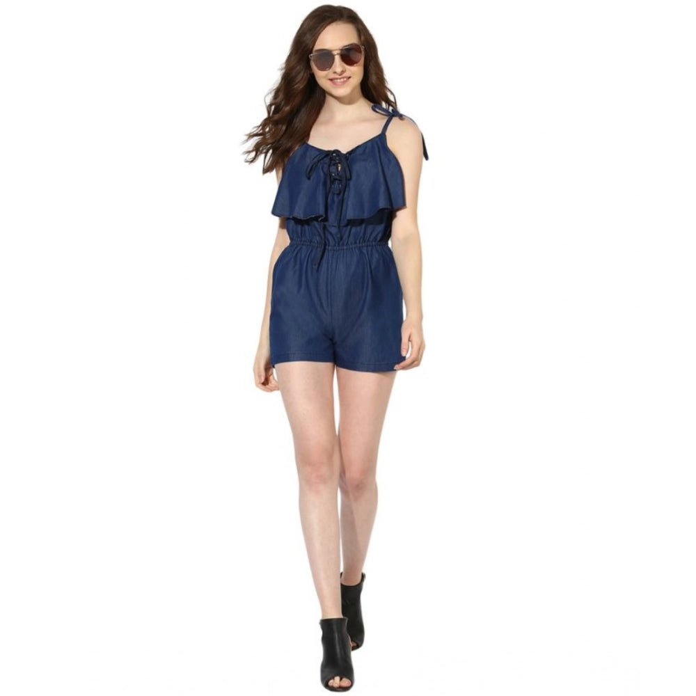 PKRKART Women's Denim Ruffled Shoulder Straps Jumpsuit (Blue)