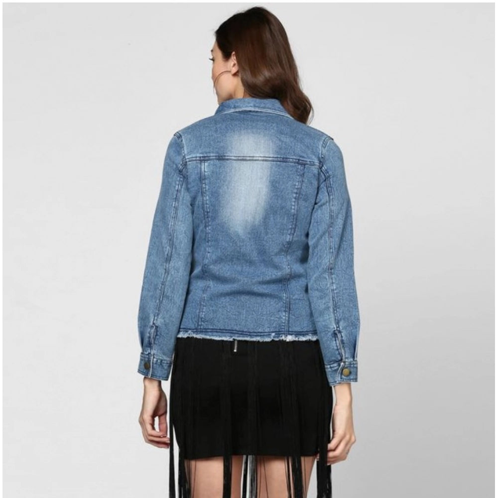 PKRKART Women's Denim Distressed Long Sleeve Jacket (Blue)
