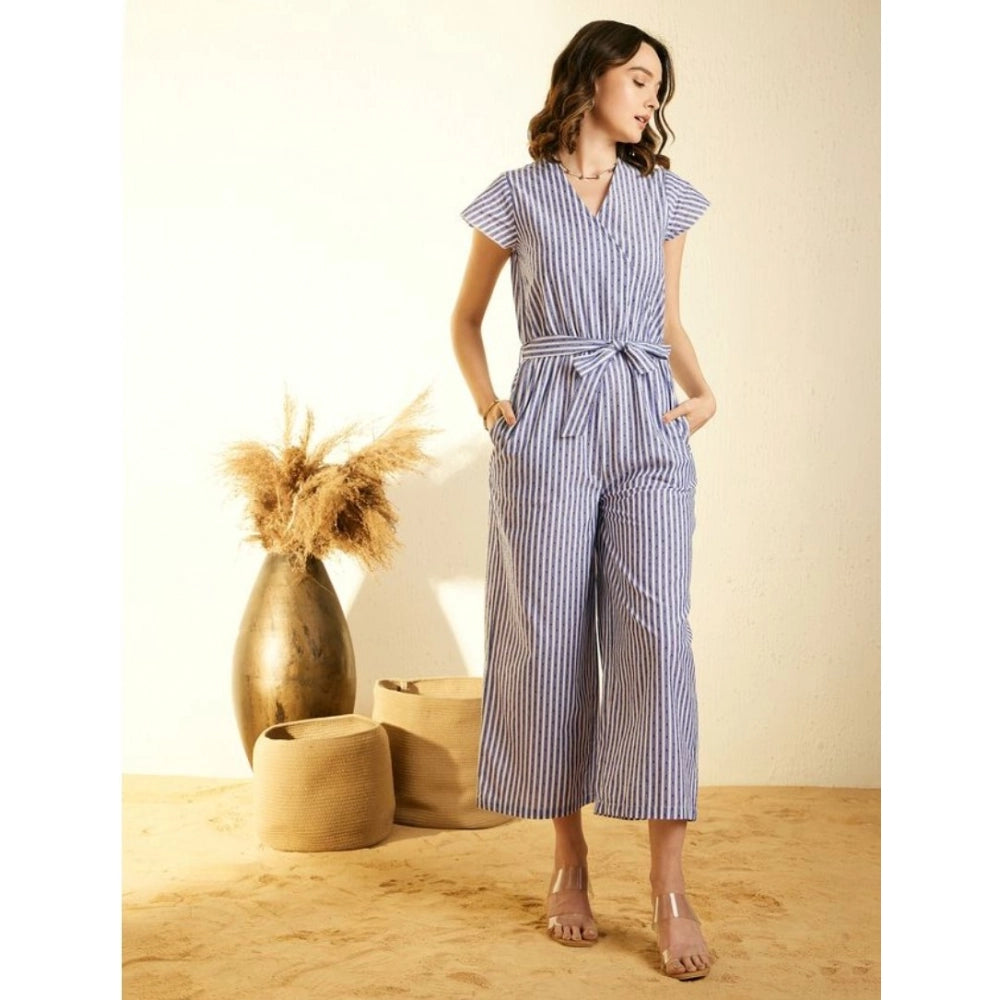 PKRKART Women's Cotton Chambray Striped Short Sleeve Jumpsuit (Blue)