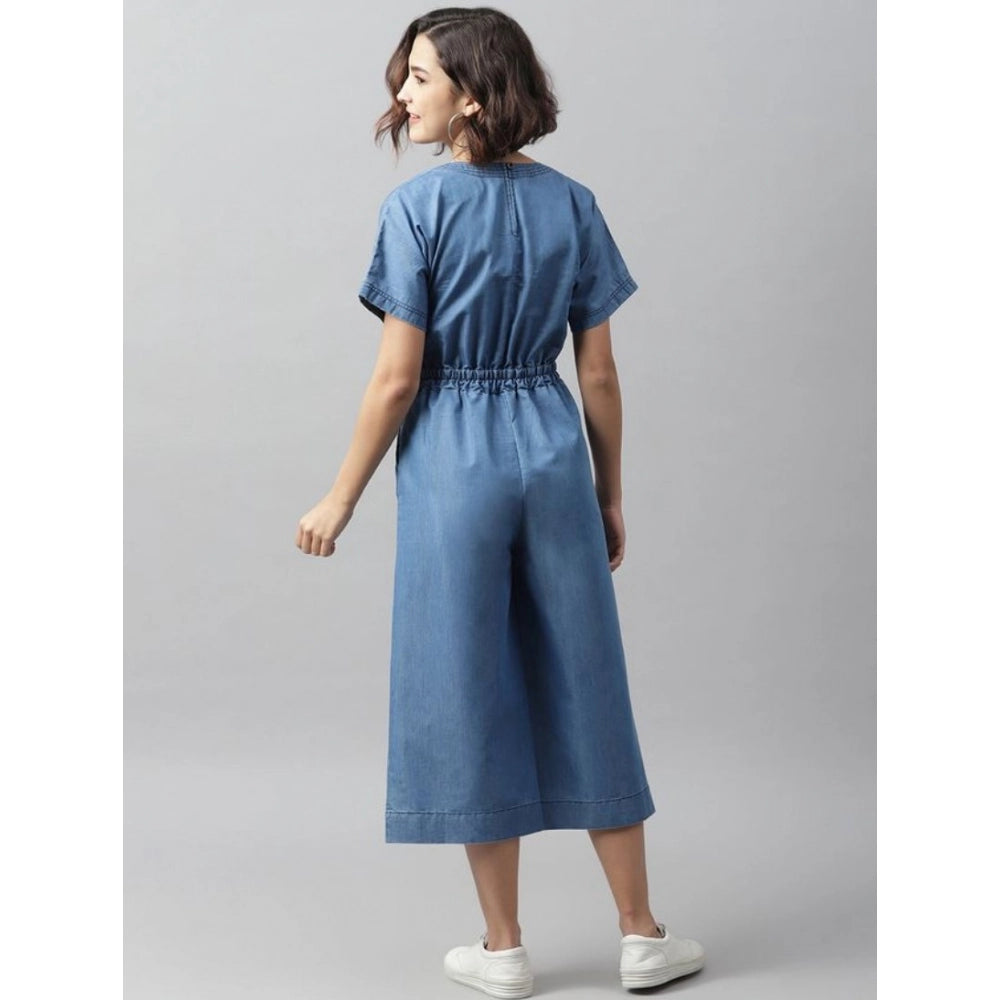 PKRKART Women's Denim Solid Half Sleeve Jumpsuit (Blue)