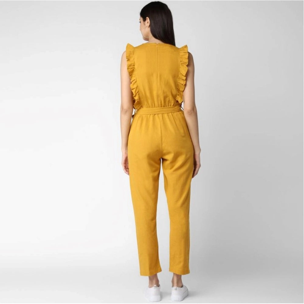 PKRKART Women's Cotton Linen Solid Sleeveless Jumpsuit (Yellow)