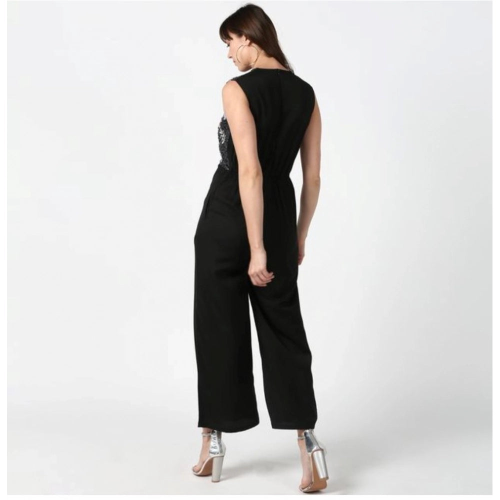 PKRKART Women's Polyester Embroidered Sleeveless Jumpsuit (Black)