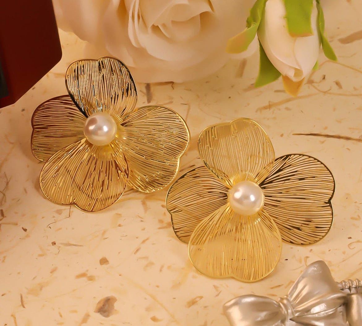 Petal Pearl Elegance Earrings For Women | Flower Earrings For Girls| Floral Studs For Girlfriend| Stylish Pearly Stud For Adults | Golden
