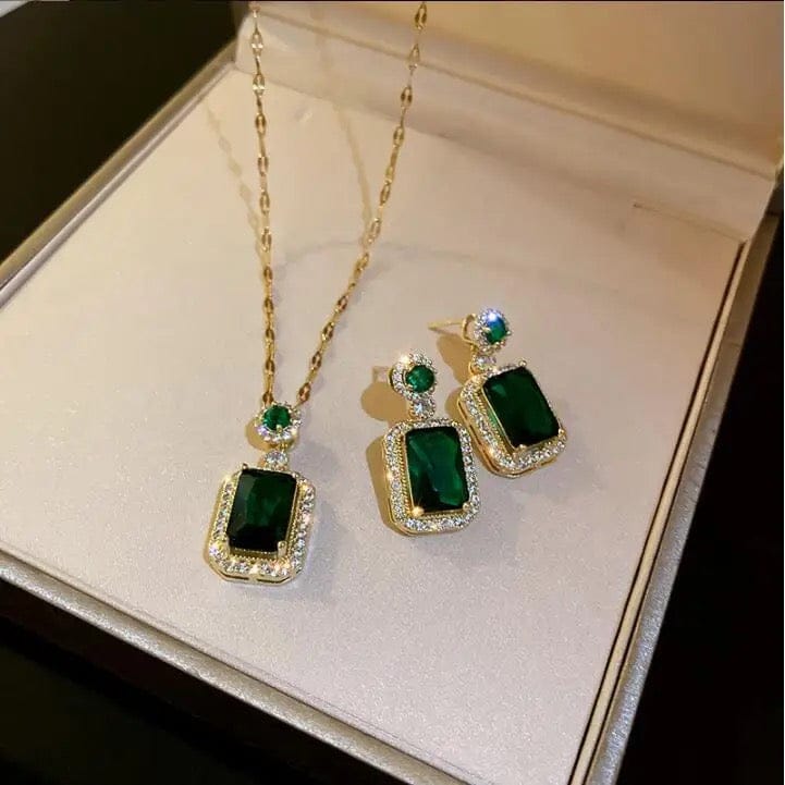 Emerald Jewelry for Women Green Stone Necklace Earrings Set Cute Necklaces with Crystal Dangle Earrings