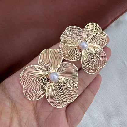 Petal Pearl Elegance Earrings For Women | Flower Earrings For Girls| Floral Studs For Girlfriend| Stylish Pearly Stud For Adults | Golden