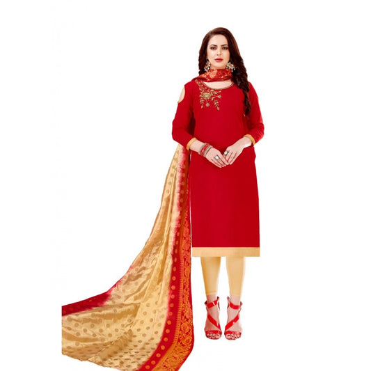PKRKART Women's Slub Cotton Unstitched Salwar-Suit Material With Dupatta (Red, 2-2.5mtrs)