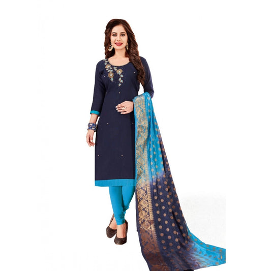 PKRKART Women's Slub Cotton Unstitched Salwar-Suit Material With Dupatta (Navy Blue, 2-2.5mtrs)