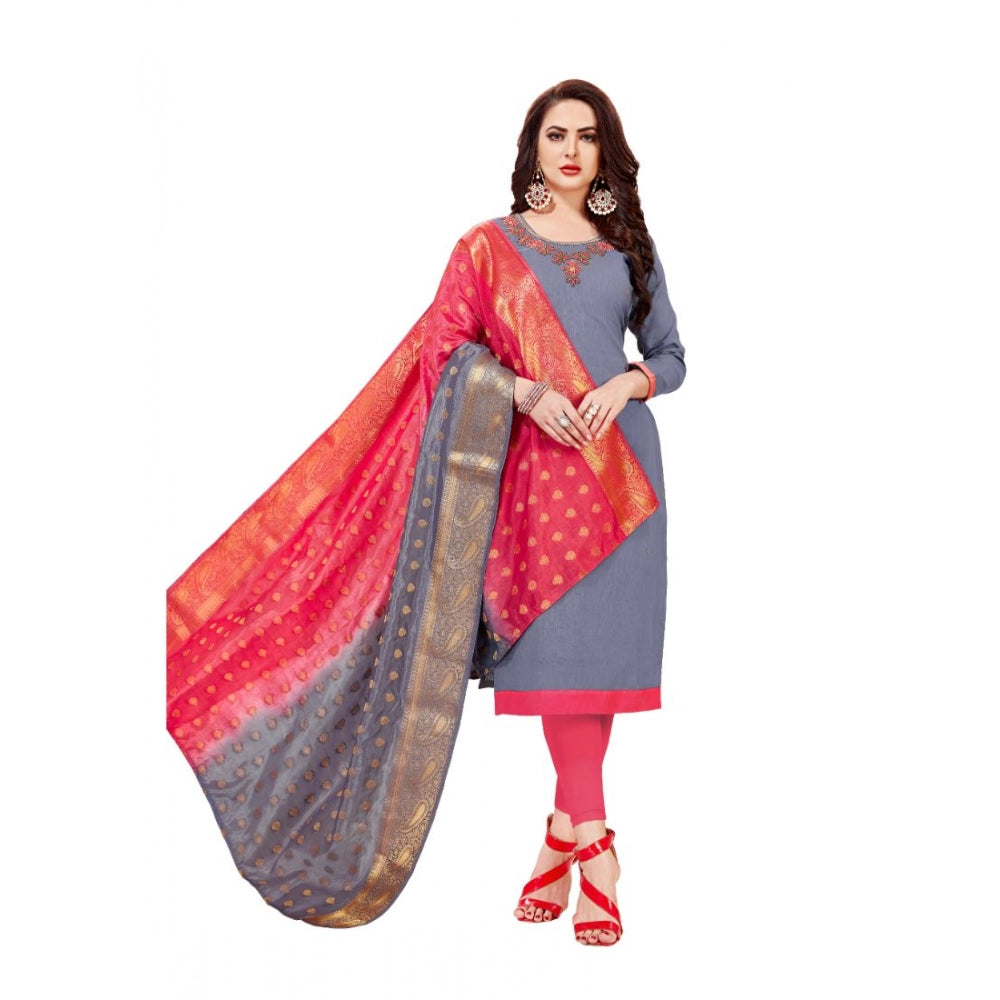 PKRKART Women's Slub Cotton Unstitched Salwar-Suit Material With Dupatta (Grey, 2-2.5mtrs)