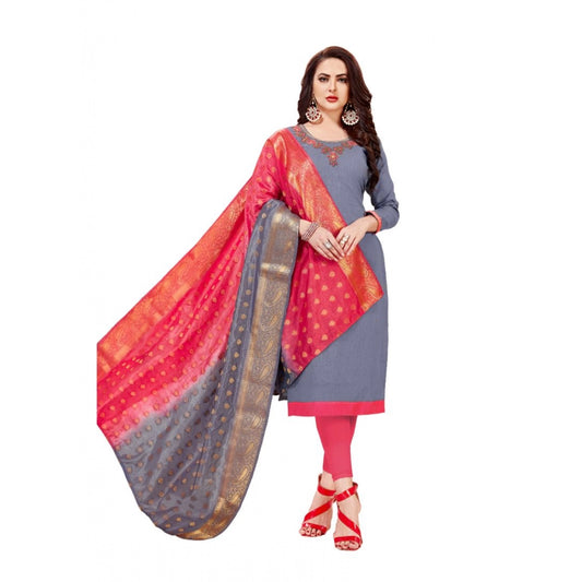 PKRKART Women's Slub Cotton Unstitched Salwar-Suit Material With Dupatta (Grey, 2-2.5mtrs)