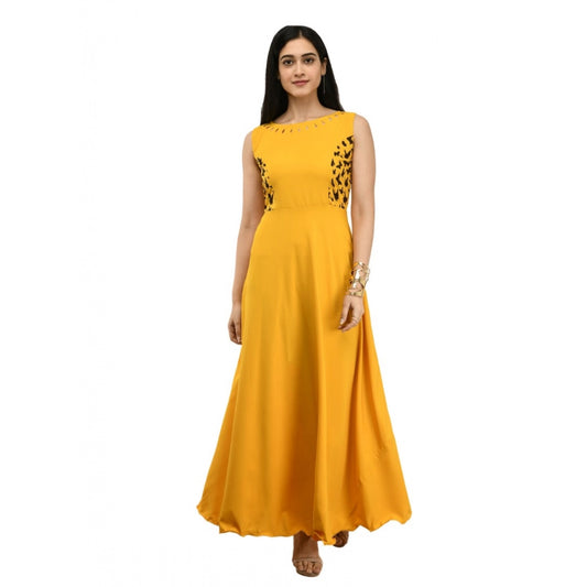 PKRKART Women's Crepe Solid Sleeveless Full Length Gown(Yellow)