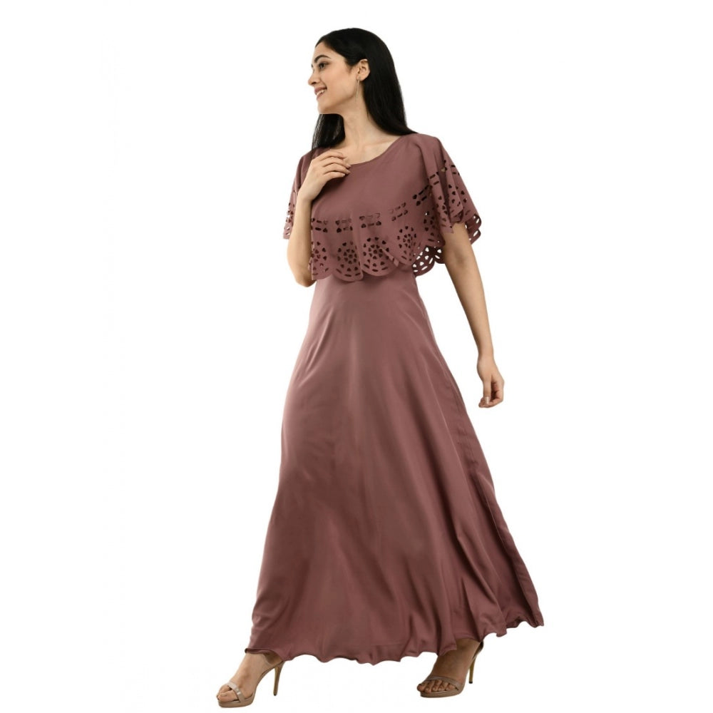 PKRKART Women's Crepe Solid Sleeveless Full Length Gown(Brown)