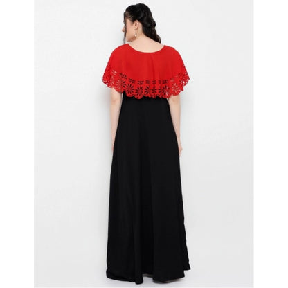 PKRKART Women's Crepe Solid Sleeveless Full Length Gown(Red Black)