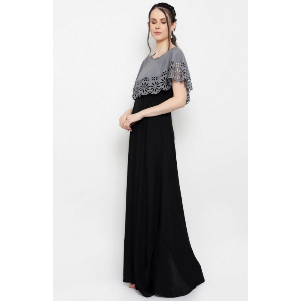 PKRKART Women's Crepe Solid Sleeveless Full Length Gown(Grey Black)