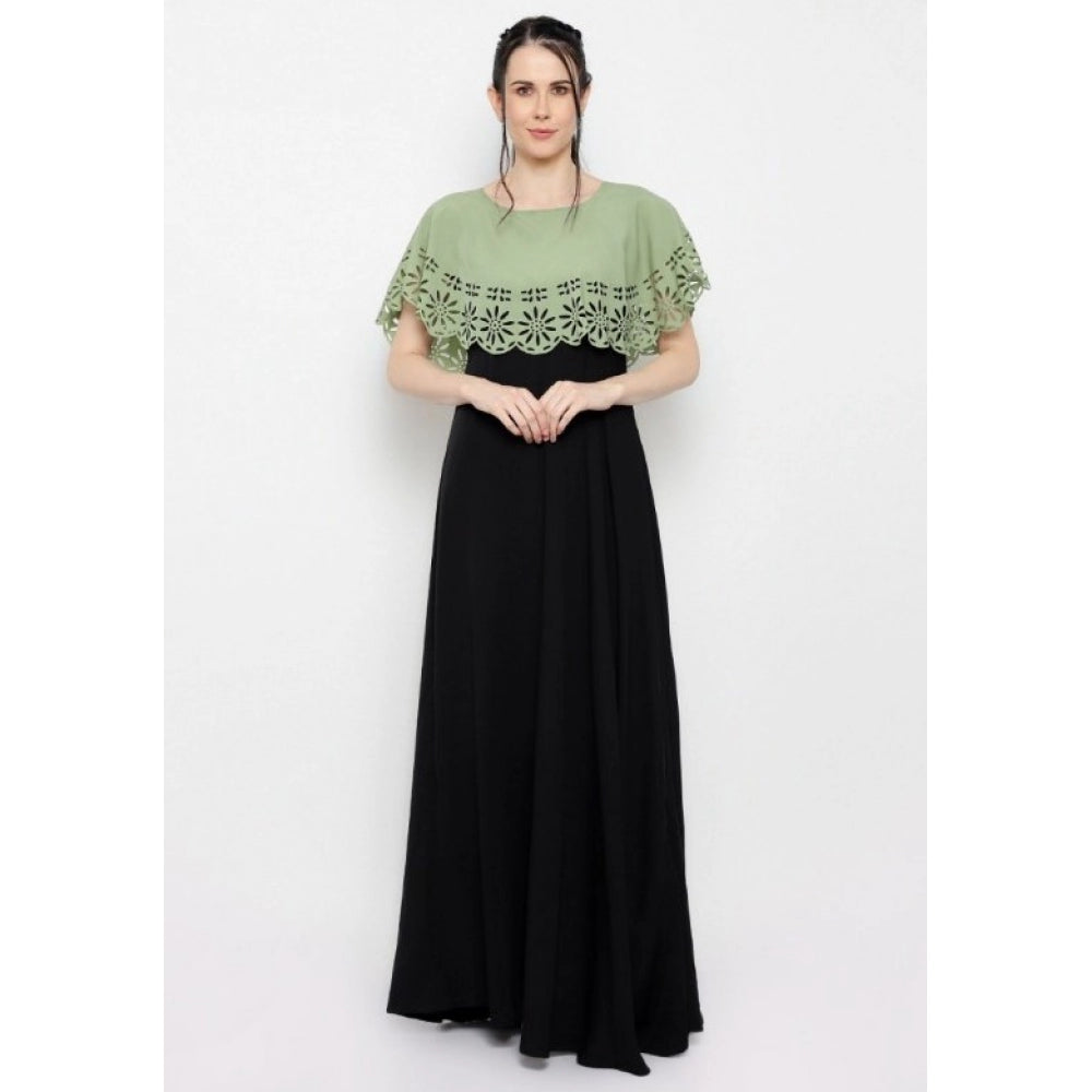 PKRKART Women's Crepe Solid Sleeveless Full Length Gown(Green Black)