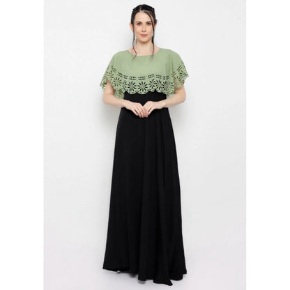 PKRKART Women's Crepe Solid Sleeveless Full Length Gown(Green Black)