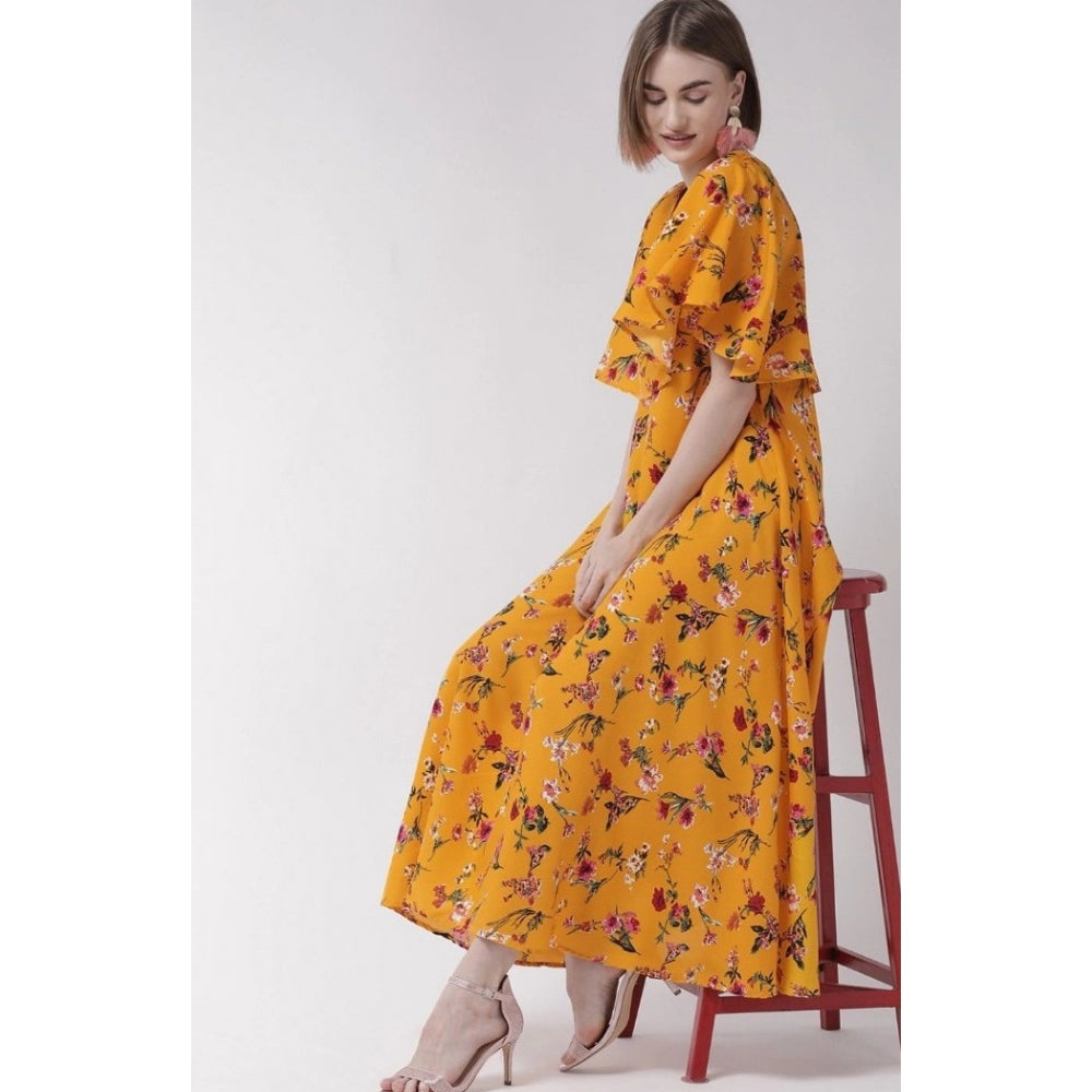 PKRKART Women's Crepe Floral Half Sleeves Full Length Gown(Yellow)